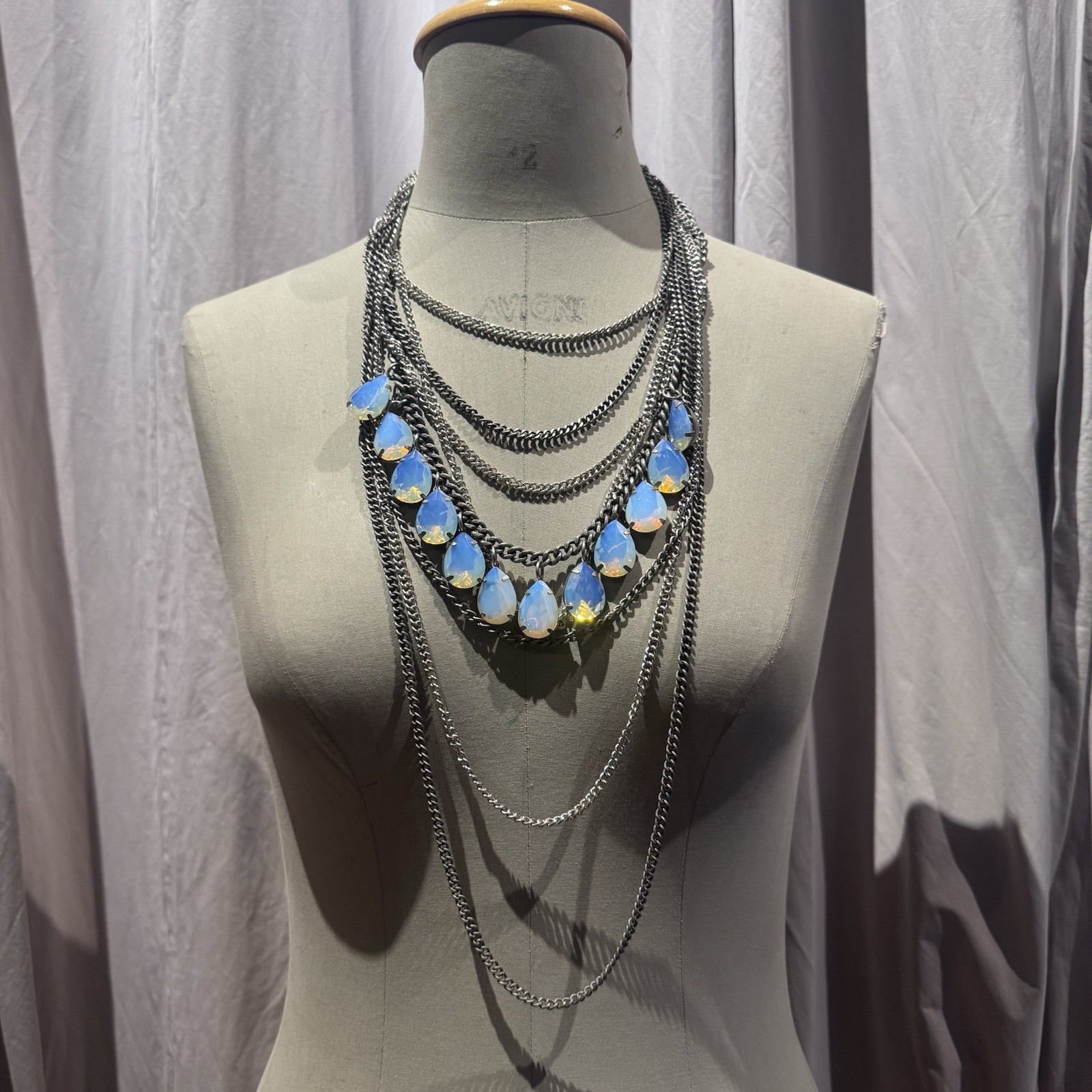 VTG Y2K Opaline Moonstone Faceted Glass Multi Strand Statement Necklace Unworn!