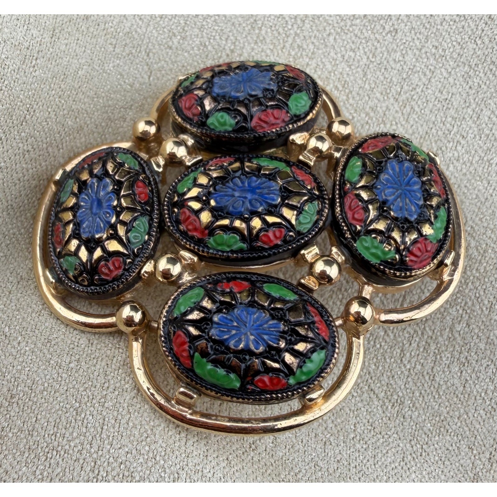 Sarah Coventry Light of the East Brooch Gold Multicolor Floral Cabochon Vintage