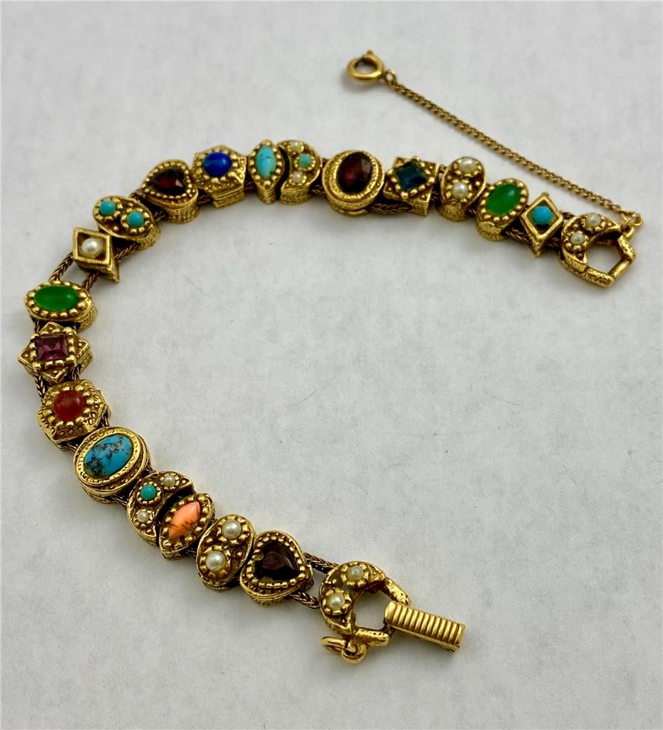 1960’s Goldette N.Y. Victorian Revival Multi-Color Stones Slide Bracelet 7.25″L