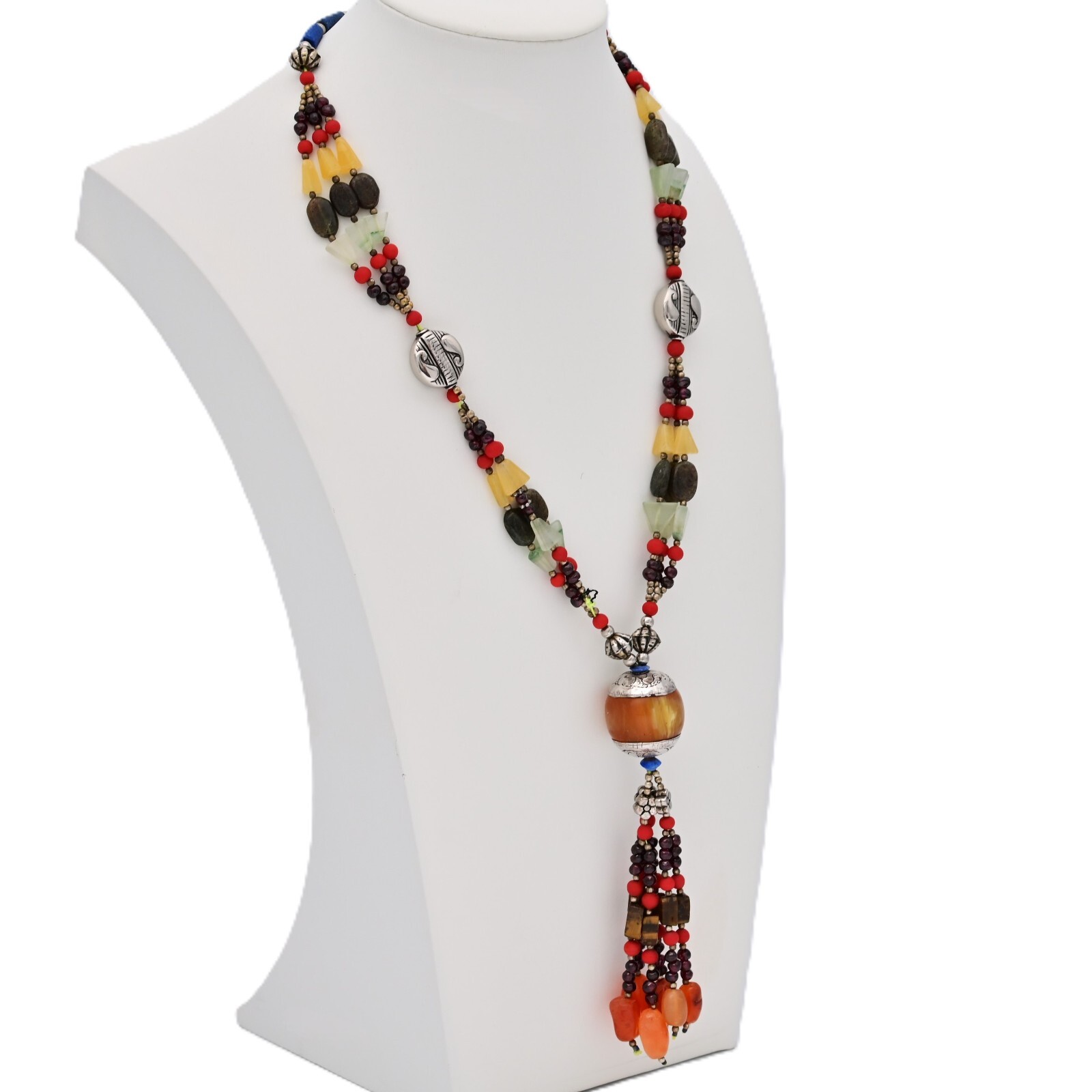 Vintage Original Sterling Silver Tribal Multi Gemstone Pendant Estate Necklace