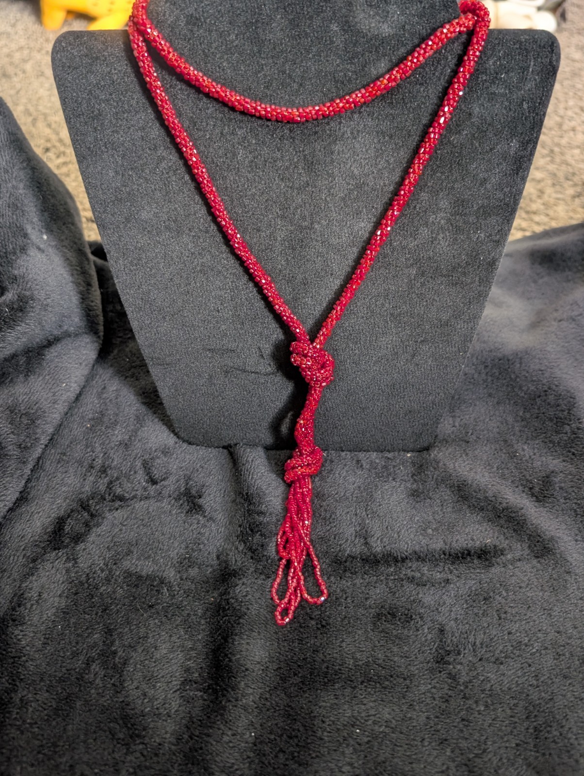 Vintage Art Deco Lariat Sautoir Necklace Micro Red Beaded Flapper Tassel