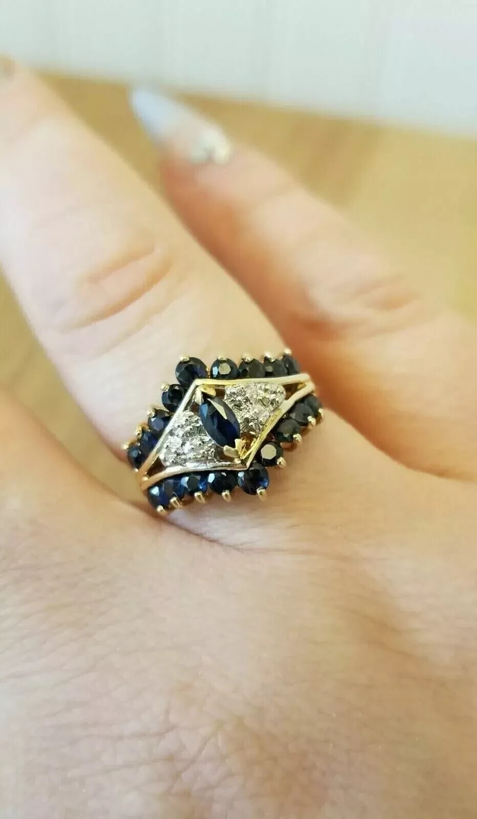 Art Deco Style Marquise Sapphire & Lab Created Diamond 14K Yellow Gold FN Ring