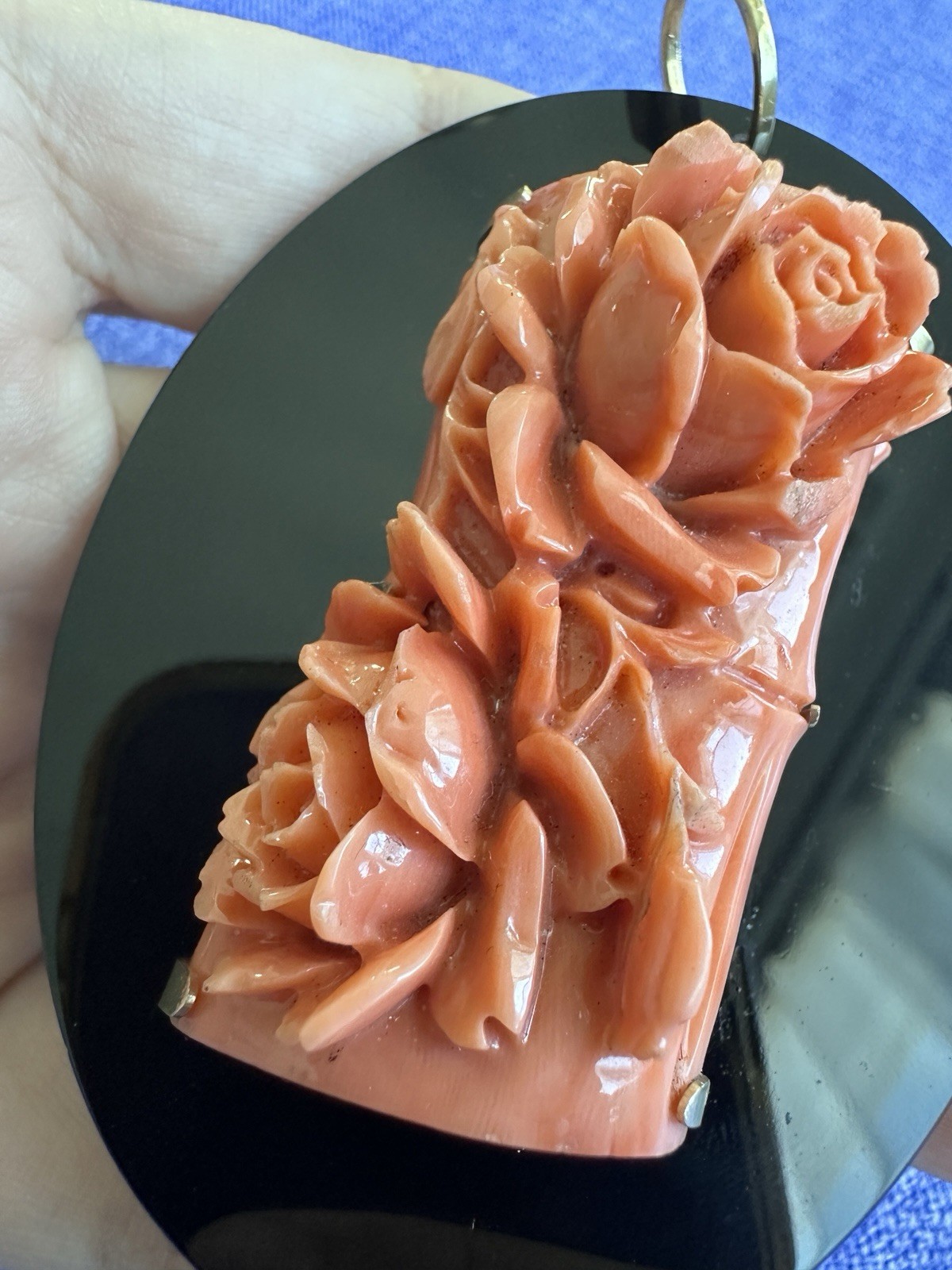 Vintage Natural Coral Carved Rose Pendant Black Onyx Estate Jewelry