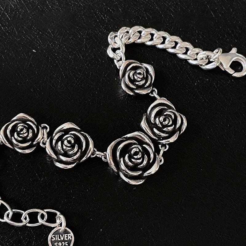 New 925 Sterling Silver Vintage Roses Flower Chain Bracelet Trendy Style Bangle