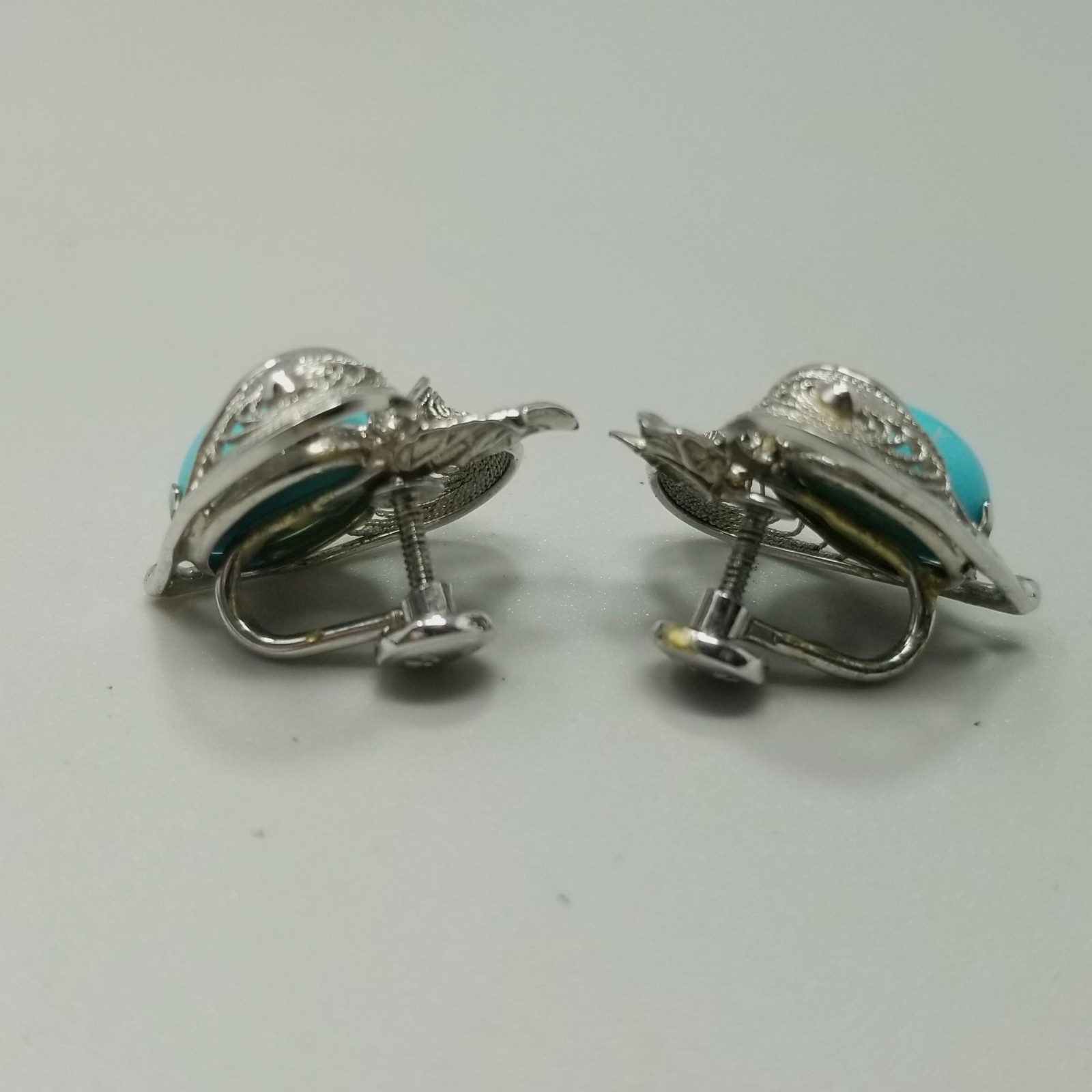 Vintage Sterling Silver Blue Cabochon Filigree Heart Clip On Screw Back Earrings