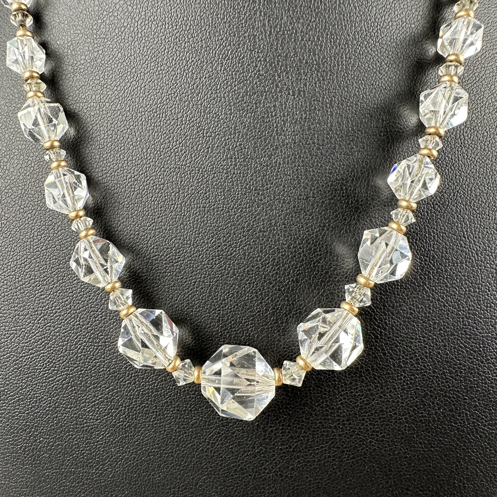 Vintage Necklace Clear Faceted Crystal Beads Gold Tone Graduated 15″
