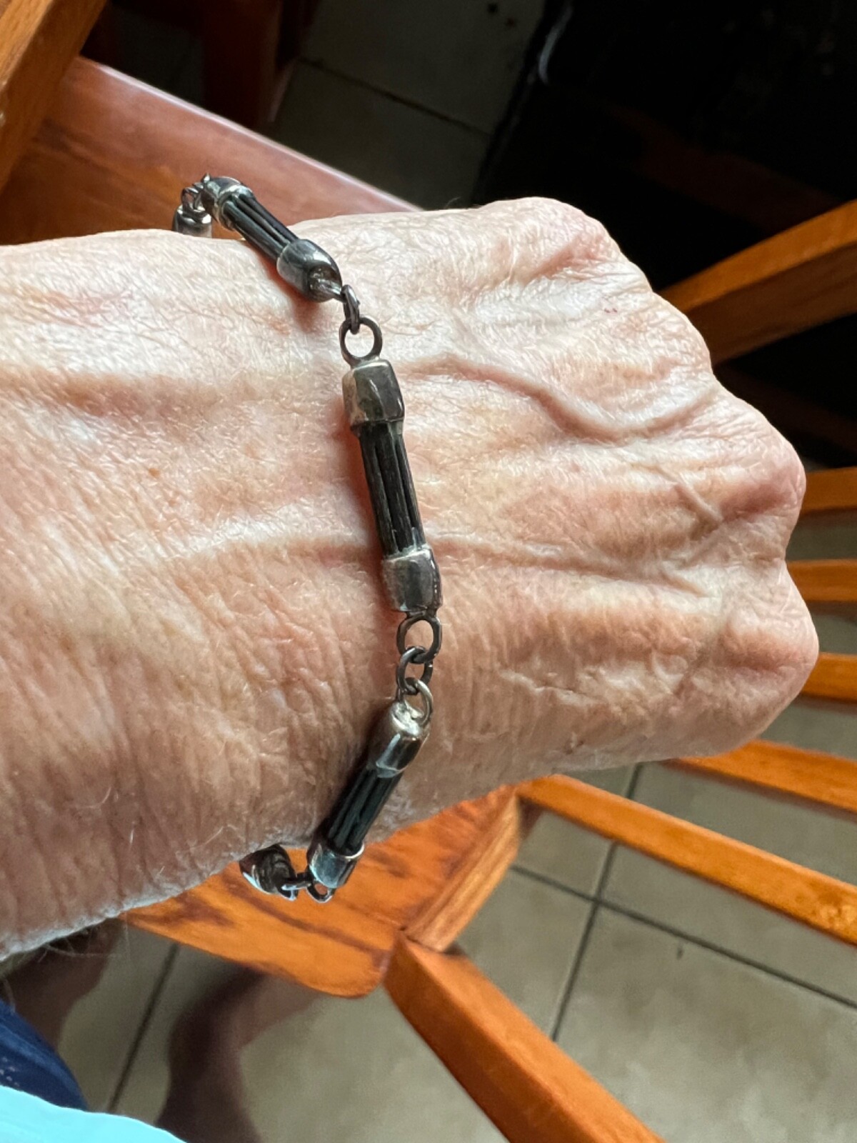 Unusual old sterling links with Buffalo bone, hair, horn Antique bracelet