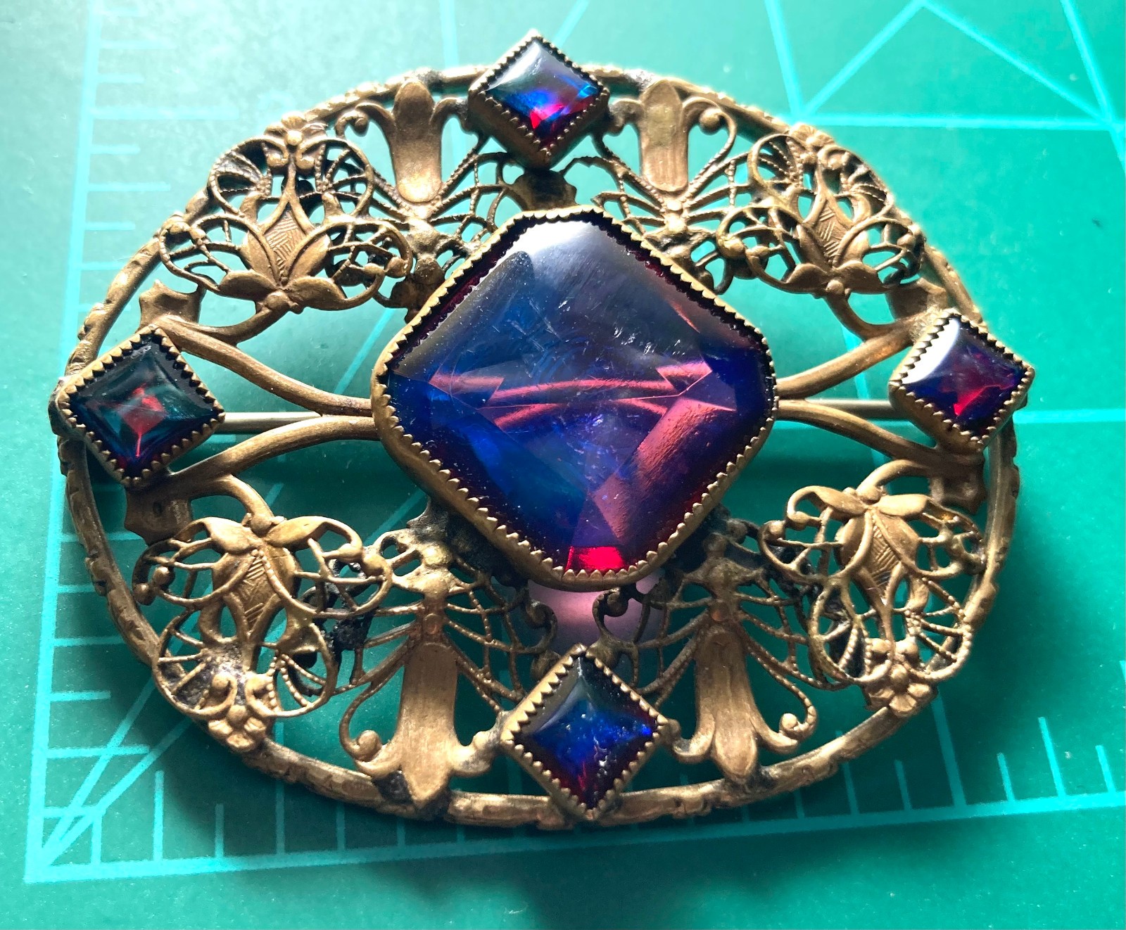 Large Antique Czech Art Deco Red Blue Dragons Breath Art Glass Brass Brooch Pin