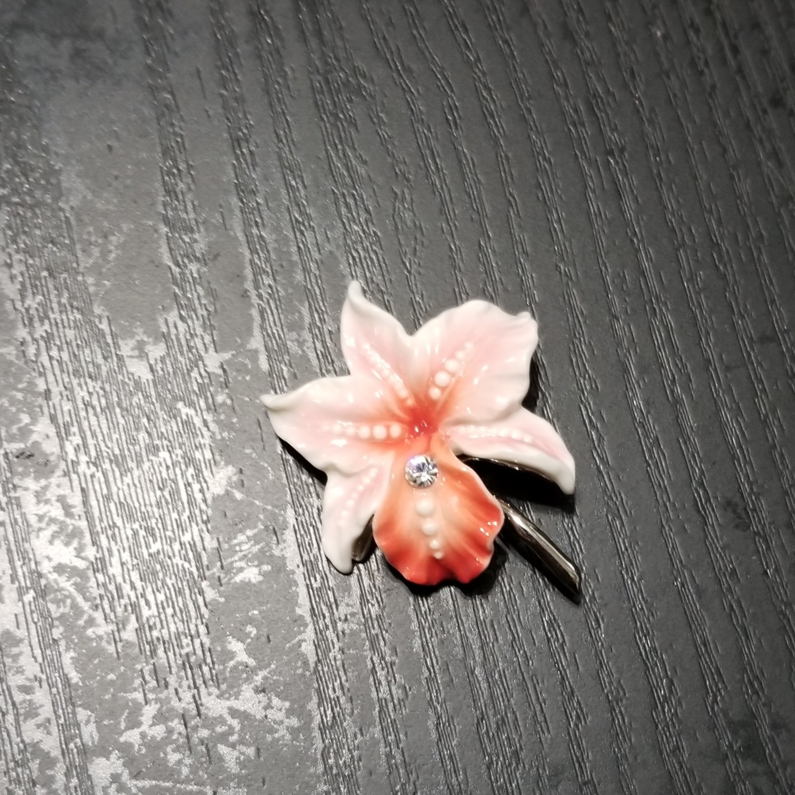 Franz Porcelain Pink Orchid Rhodium Pendant – Discontinued Mint With Box Signed