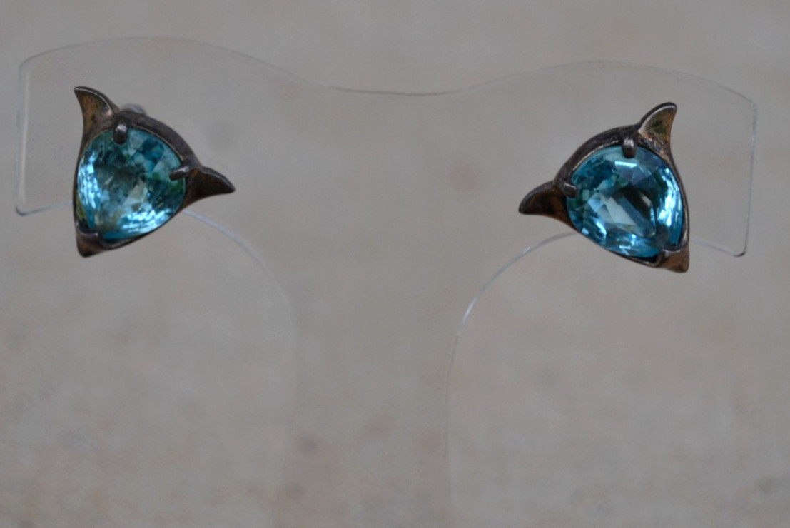 REJA Sterling SALAMANDER LIZARD Brooch Earrings AQUA GLASS BELLY Vtg Set Signed