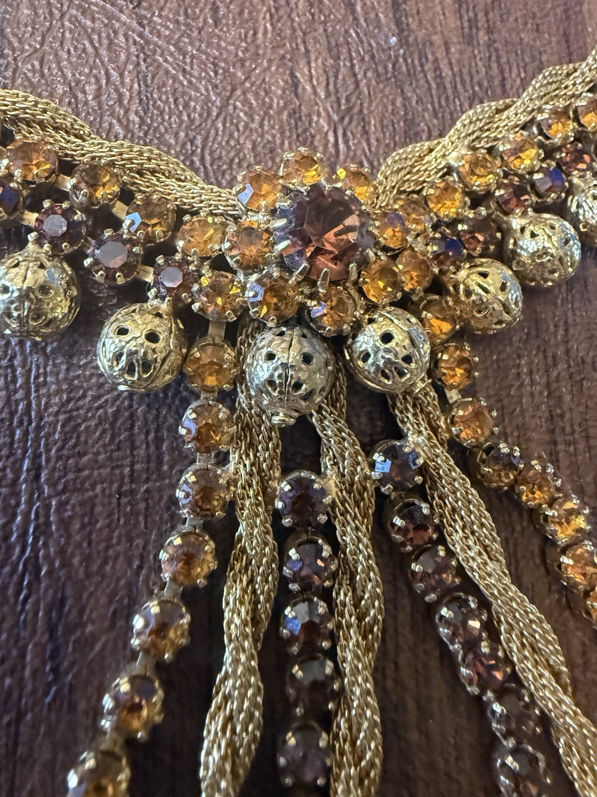 Vintage Choker By St Labre Runway Look! Gold Beads Amber Rhinestones Stunning