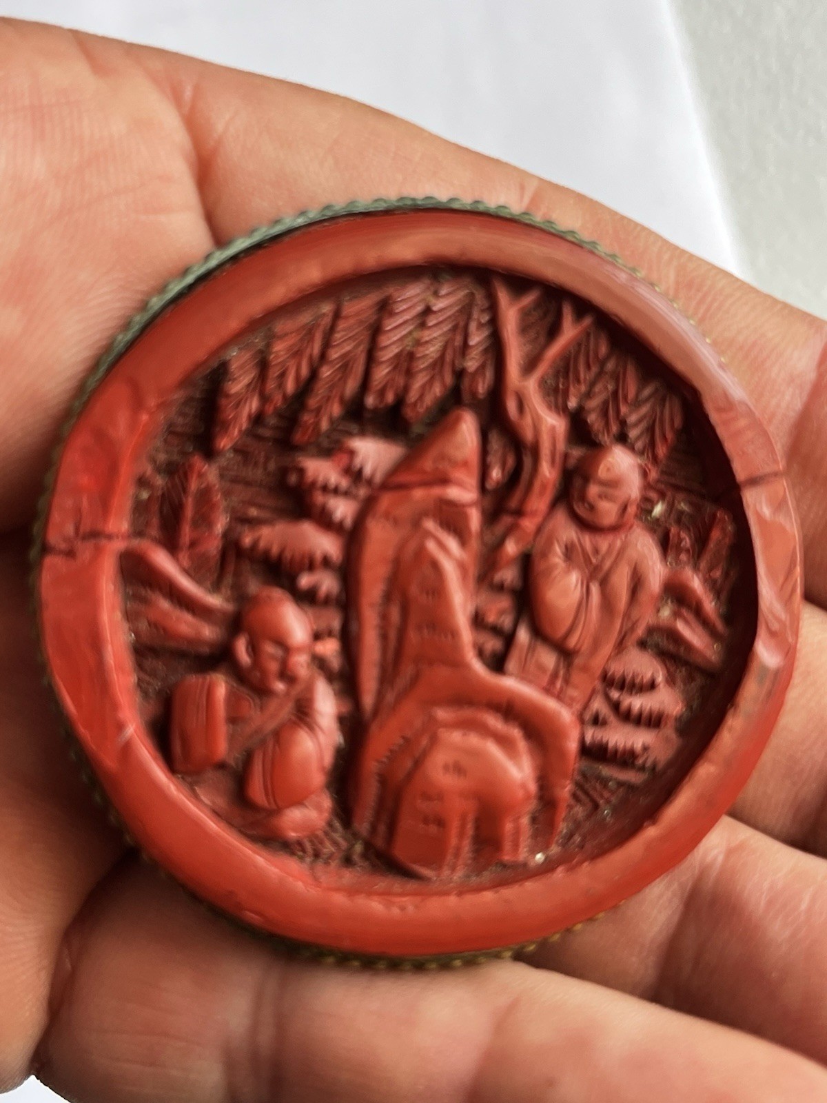 Chinese China Hand Carved Cinnabar Vintage Pin Brooch