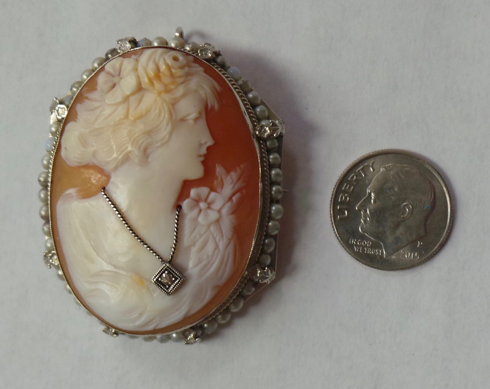 14k White Gold Woman w/ Diamond Necklace Cameo Pendant/Pin 10.9 Grams