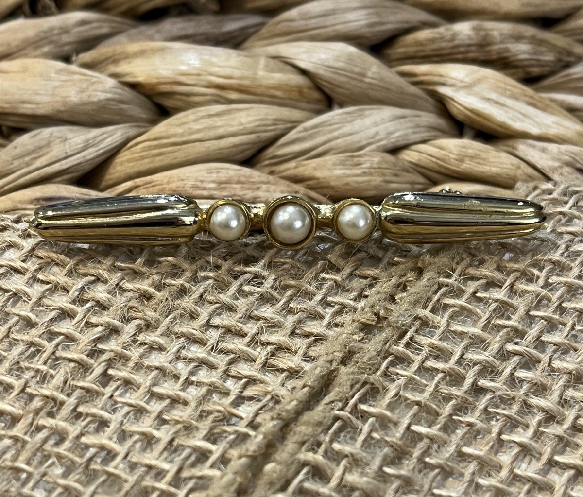 Victorian Revival Bar Pin Gold Tone Faux Pearl Brooch Vintage Costume Jewelry