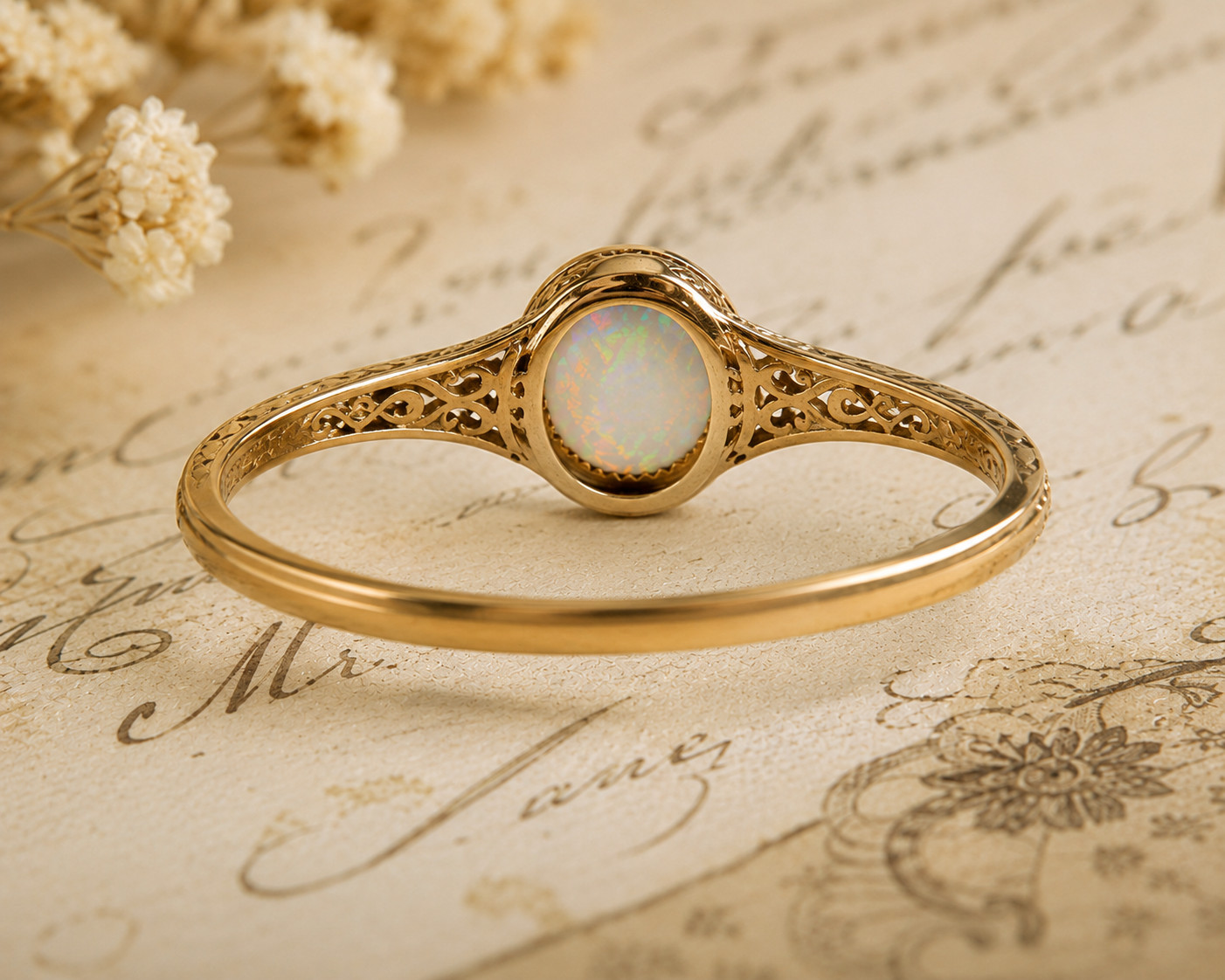 ✨ Vintage Engraved Opal Ring • Elegant Thin Band • Handmade Look