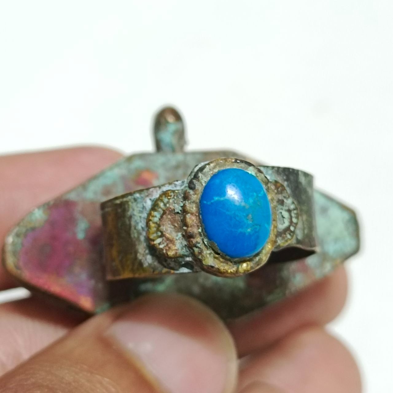 Egyptian Brass Ring Blue Turquoise Cabochon Handmade Vintage Style Jewelry