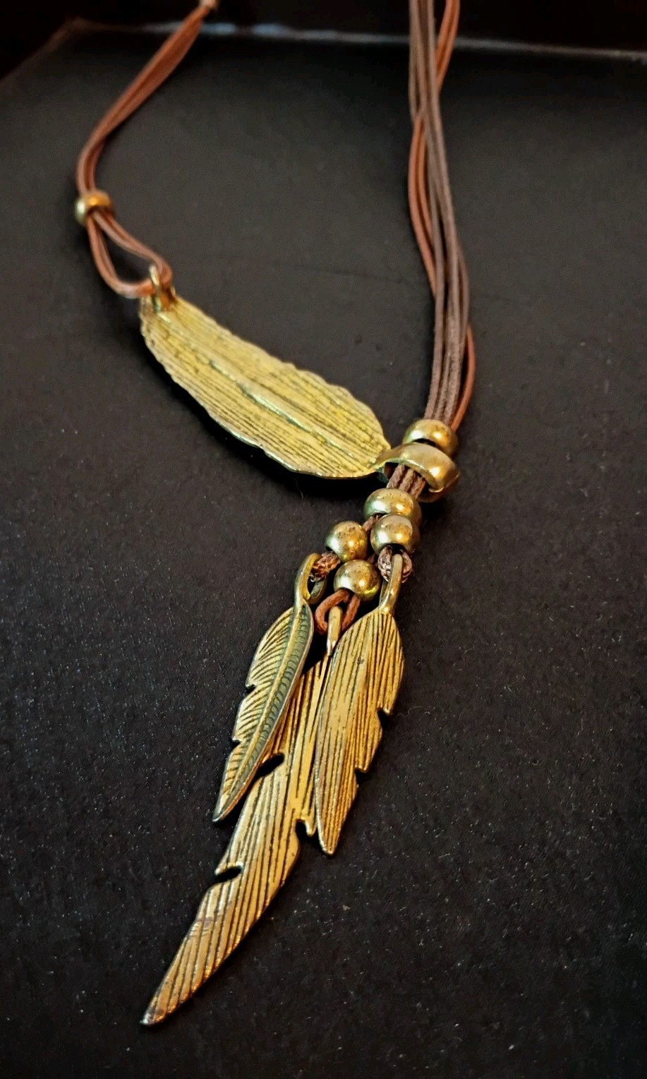 Vintage Boho Rhinestone Feather necklace w/Layered Brown Rope-25 in long