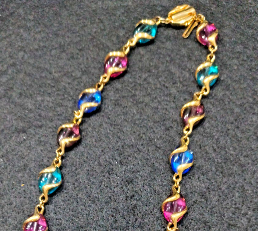 Vintage Swarovski Multicolor Crystal Caged Bead Necklace Gold Tone Signed Swan