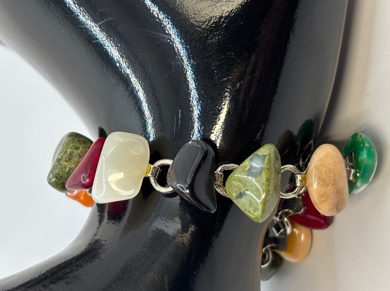 Vintage Link Polished Stone Glass Tumbled Agate Bracelet Rainbow 6.5”