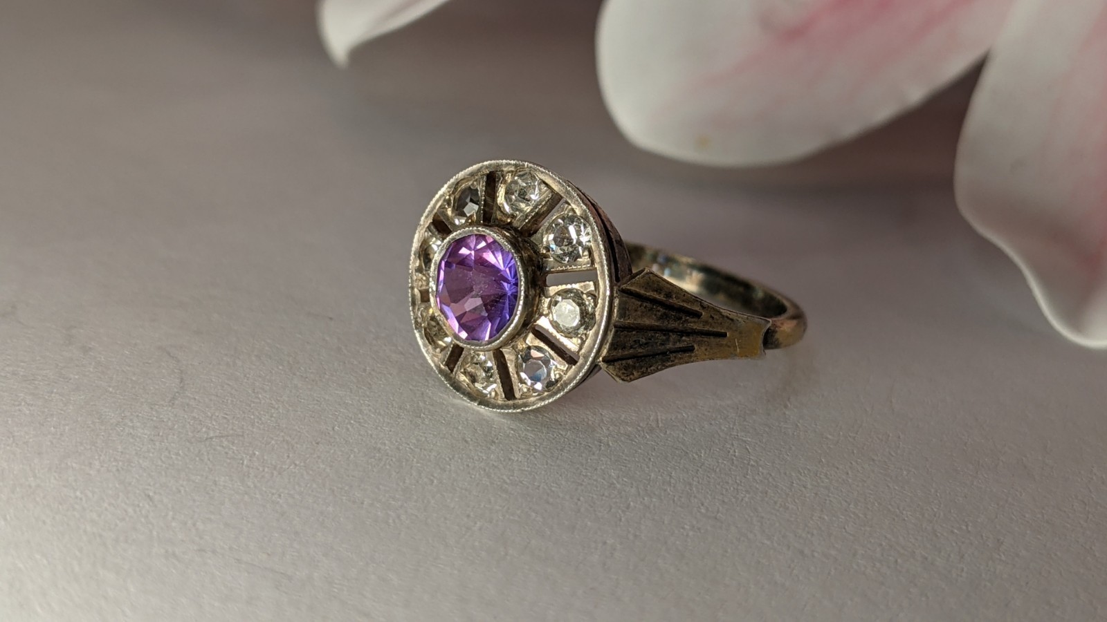 Vintage Soviet silver ring, 875 silver, purple stone with zircons, size 8.5