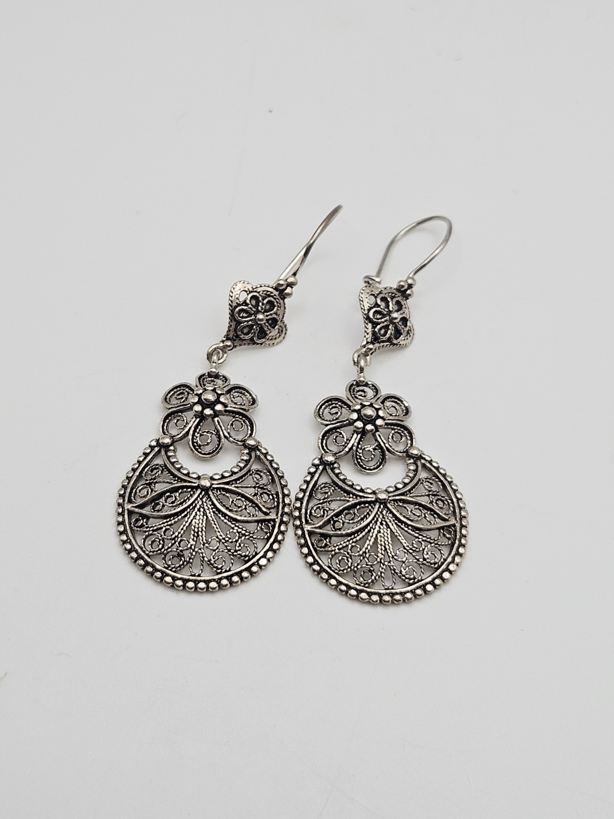 DGS Turkey Sterling Silver Filigree Floral Dangle Earrings 2.60″