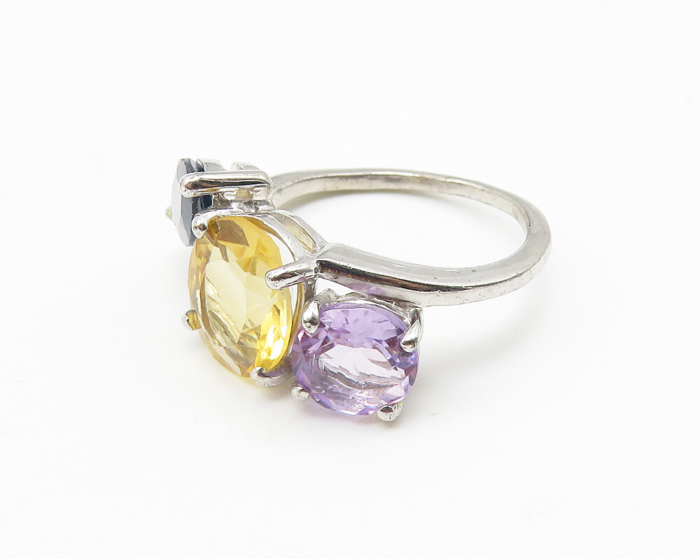 925 Sterling Silver Amethyst Citrine & Sapphire Shiny Band Ring Sz 7 RG10549