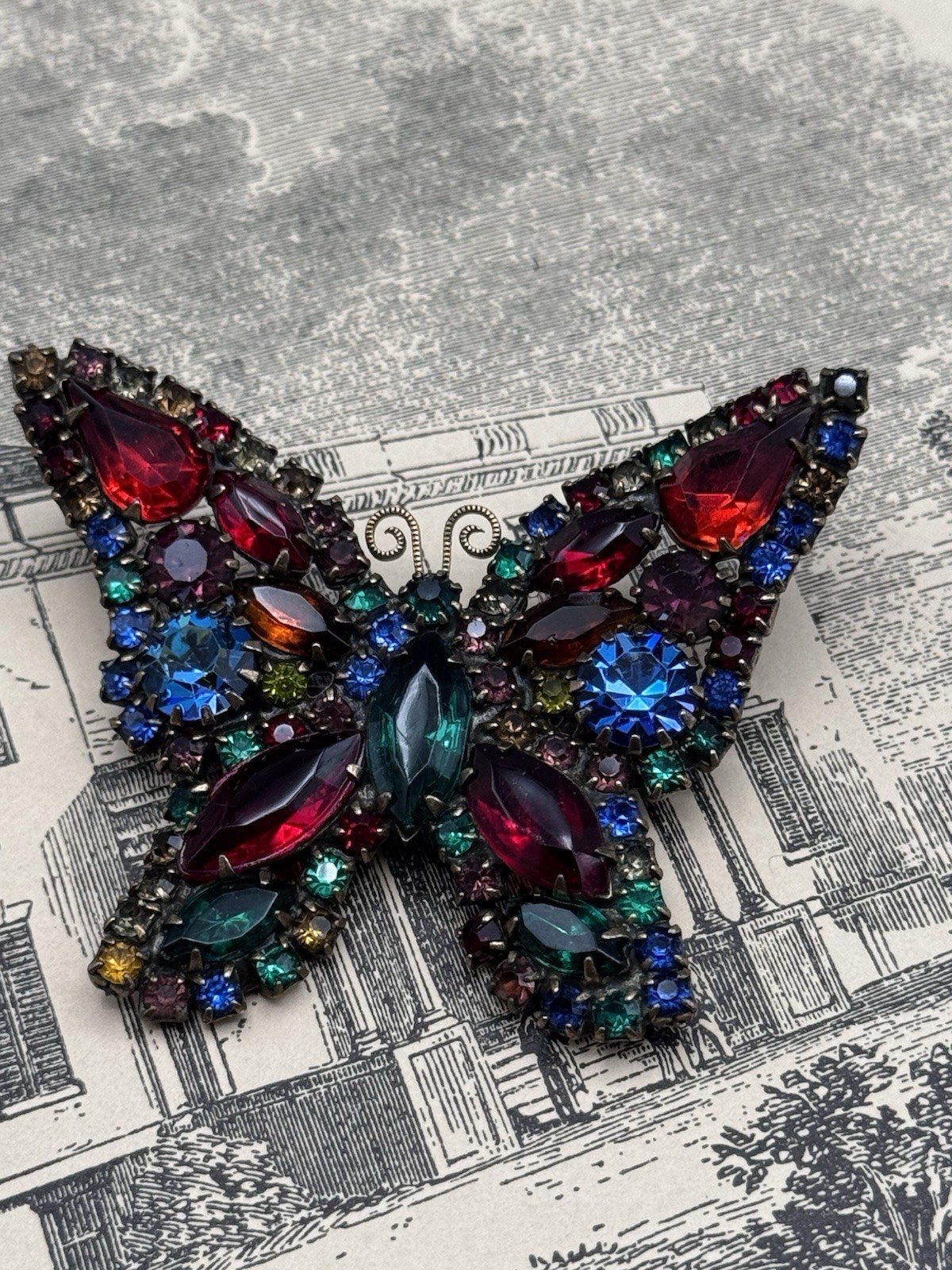 Weiss Butterfly Brooch Multicolor Rhinestone Figural Pin Signed 2.5” VINTAGE
