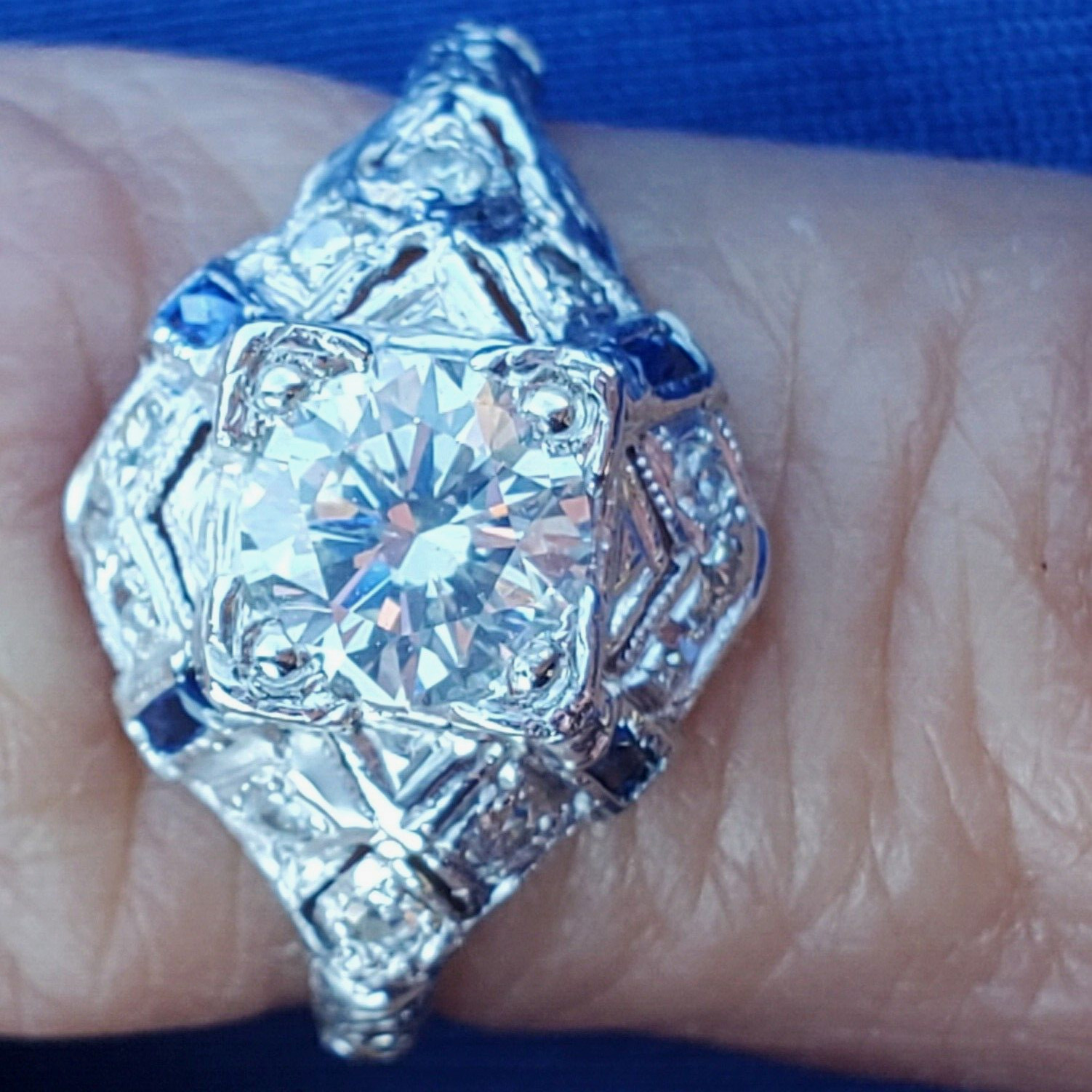 Original EARTH MINED DIAMOND Deco Engagement Ring 1 ct Vintage PLATINUM Sapphire