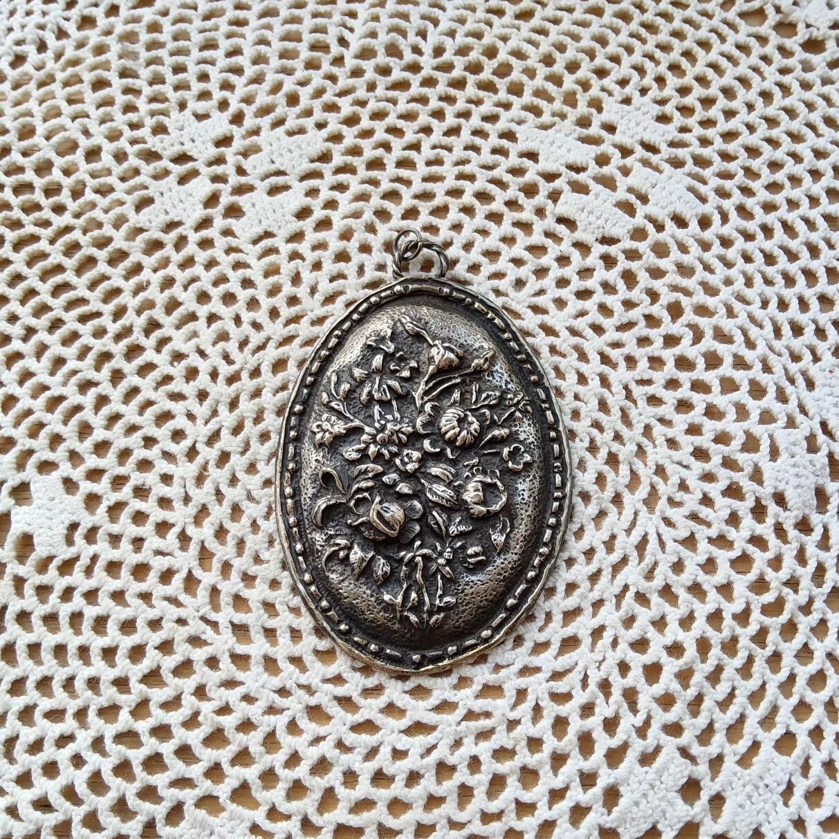 Oval Pendant With Floral Embossing Silver Tone Metal No Stamp Art Nouveau