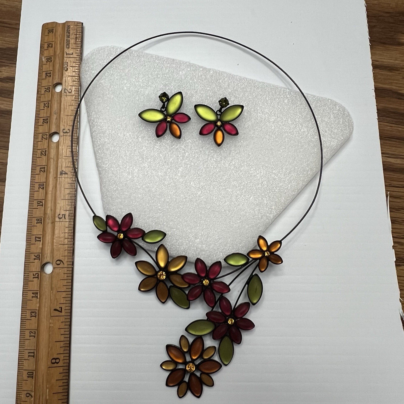 Vtg Set Black Shaped Wire Burgundy Olive Lemon Orange Stone Neck Choker Earring