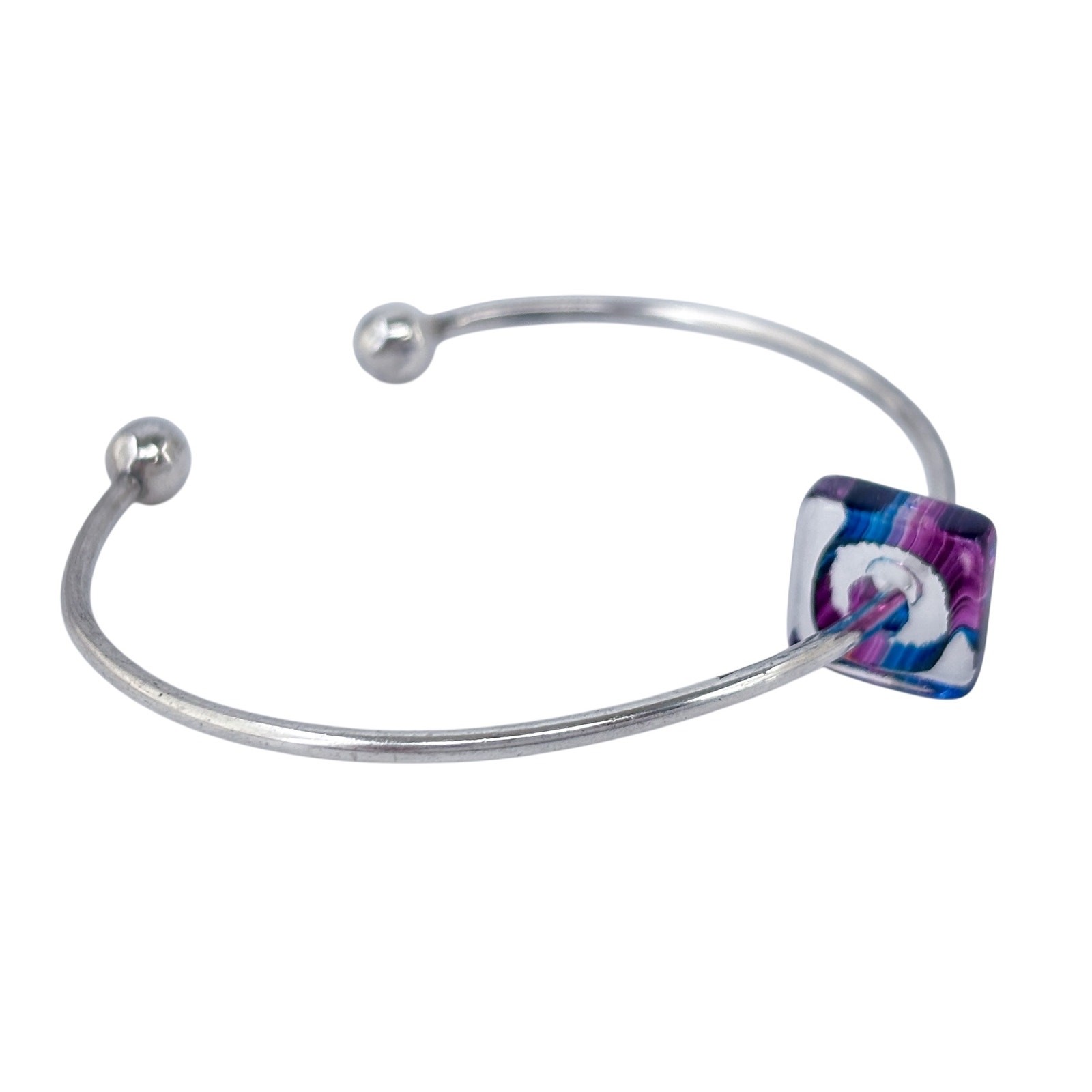 Ball Tip Cuff Bracelet | Purple Glass Charm | Vintage Sterling Silver 925 | 6.5″