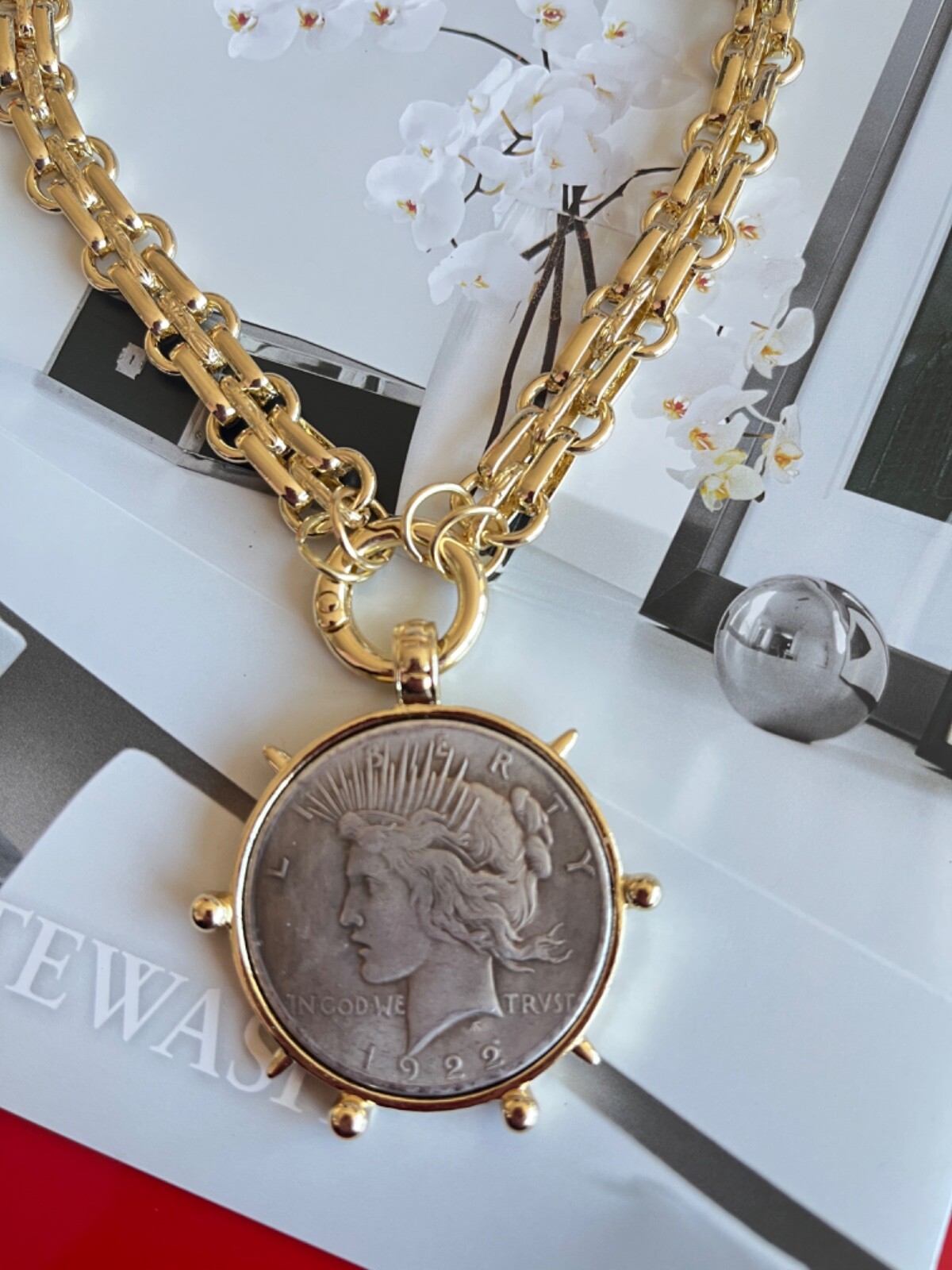Dual Sided Statement large vintage coin pendant with chunky chain.