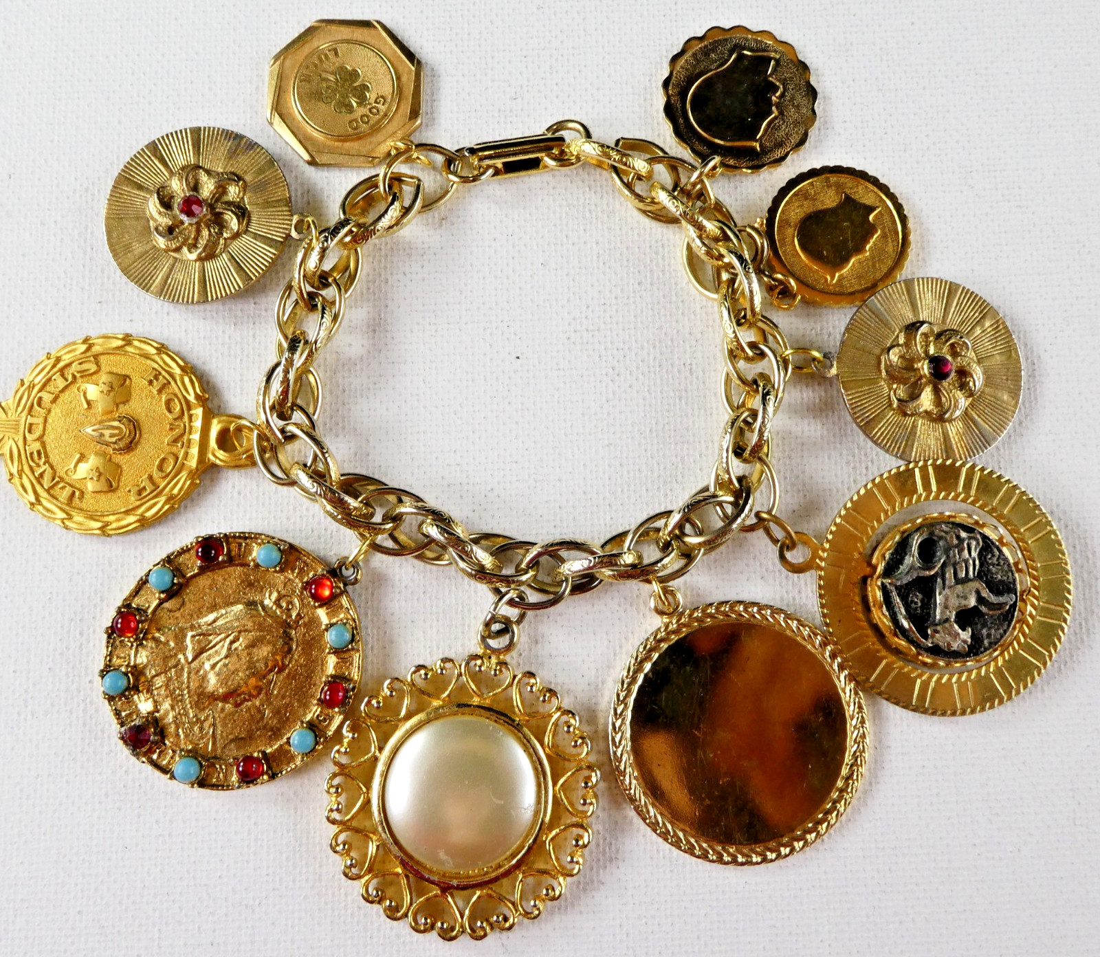 Vintage Heavy Charm Bracelet All Round Charms Gold Plated Engravable Good Luck