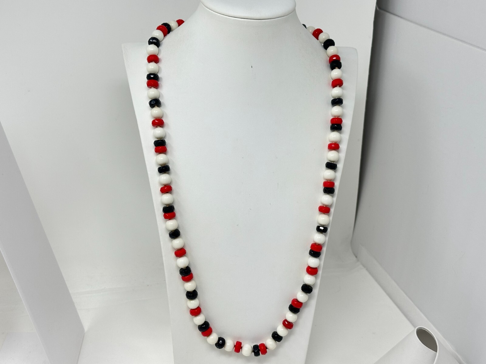 Vintage Red White & Blue Glass & Plastic Bead 30″ Long Necklace