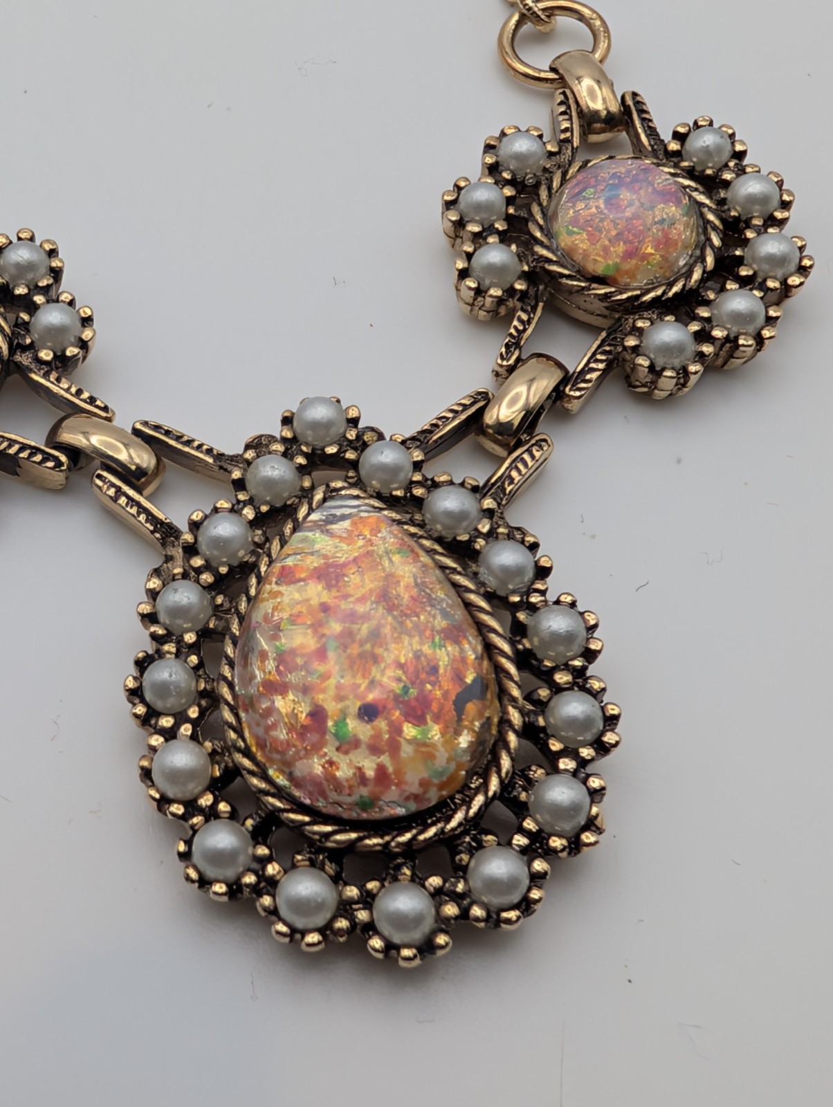 Vintage Gold Tone Necklace Faux Opal & Pearl Cabochon Statement