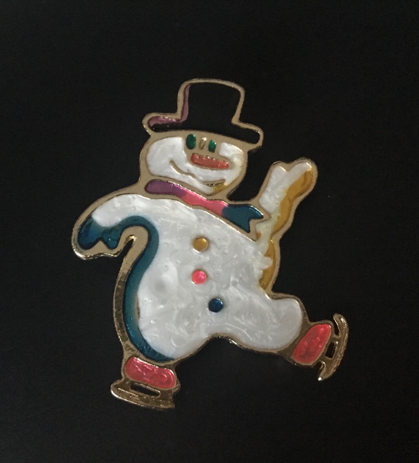 Snowman Ice Skating Christmas Winter Pin Gold Tone Metal & Enamel Vintage