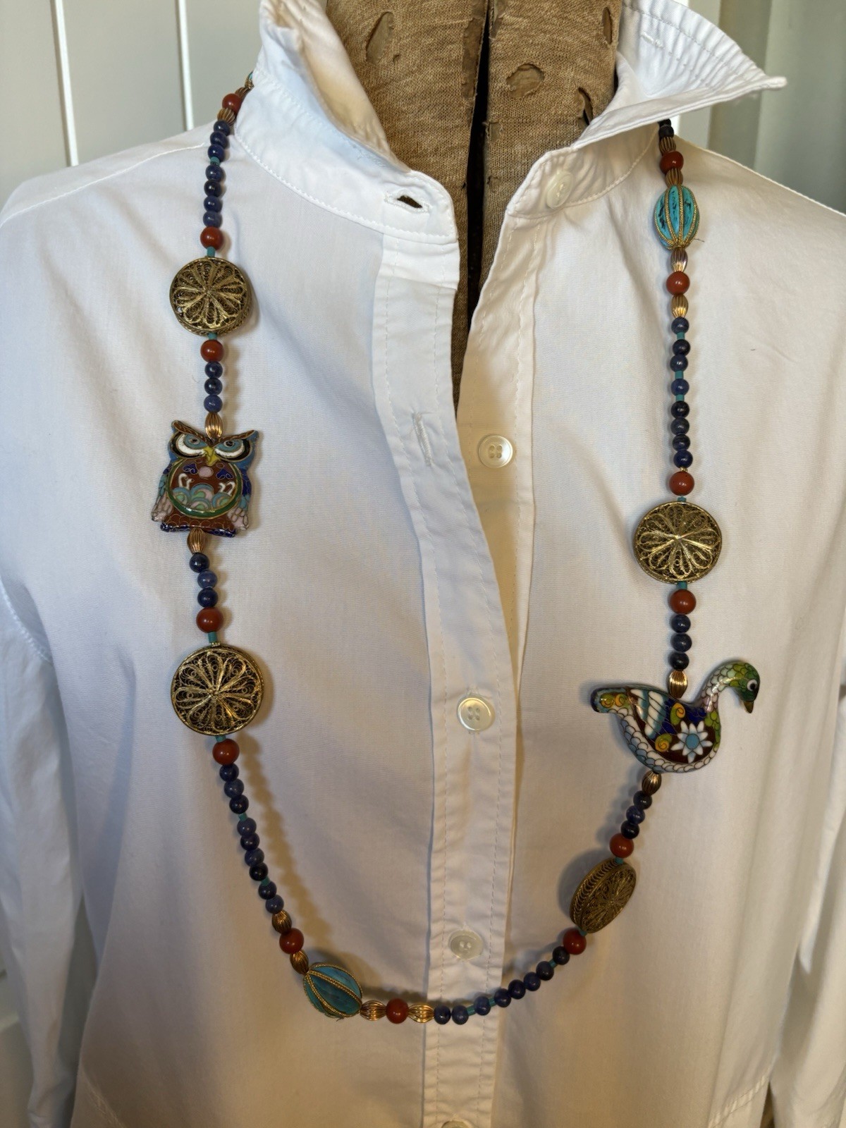 Vintage Cloisonne & Brass Necklace w/ Owl & Duck Pendant Boho Statement EUC