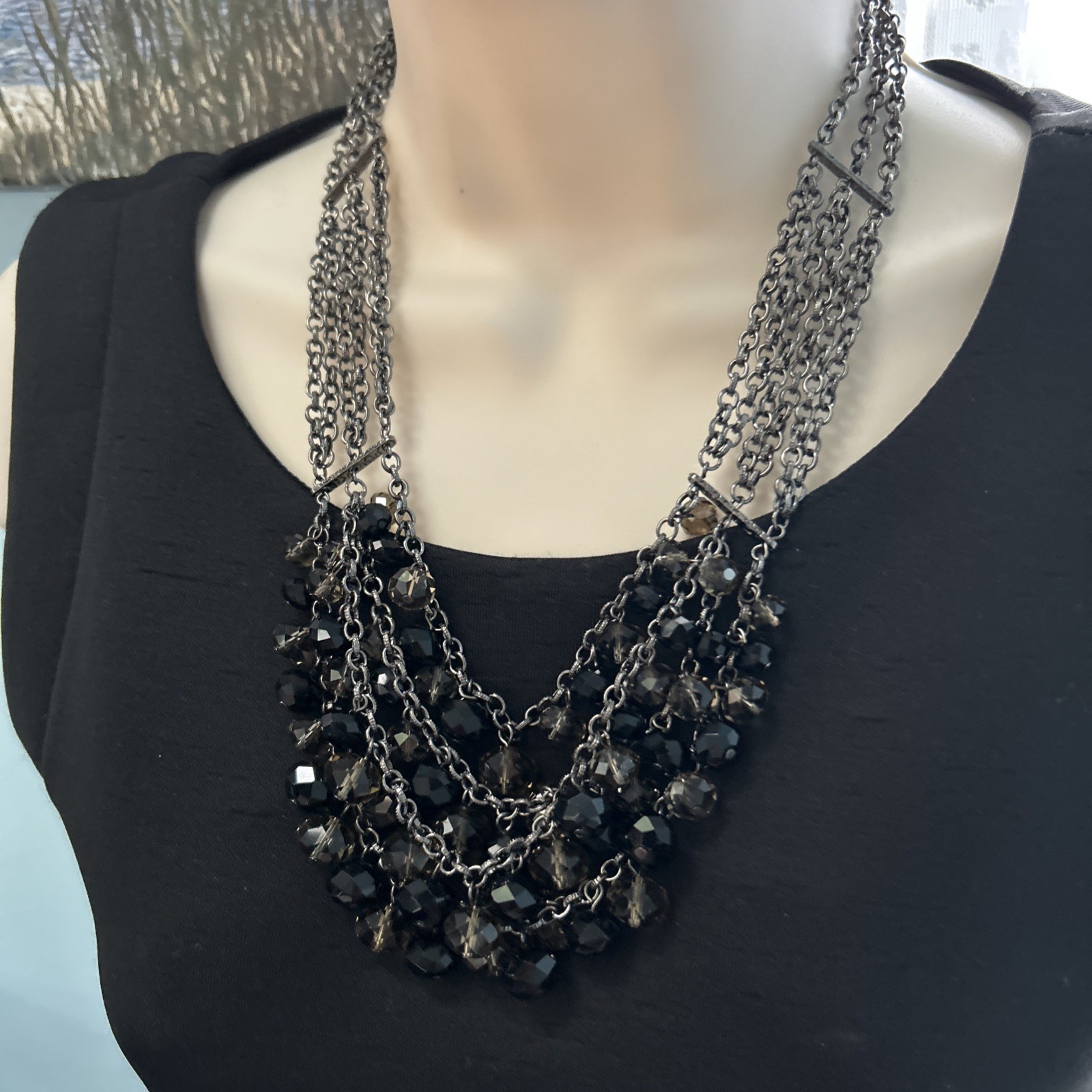 Designer NECKLACE Silver Toned 4 Strands Black/Clear Smokey Shiny Glass Beads