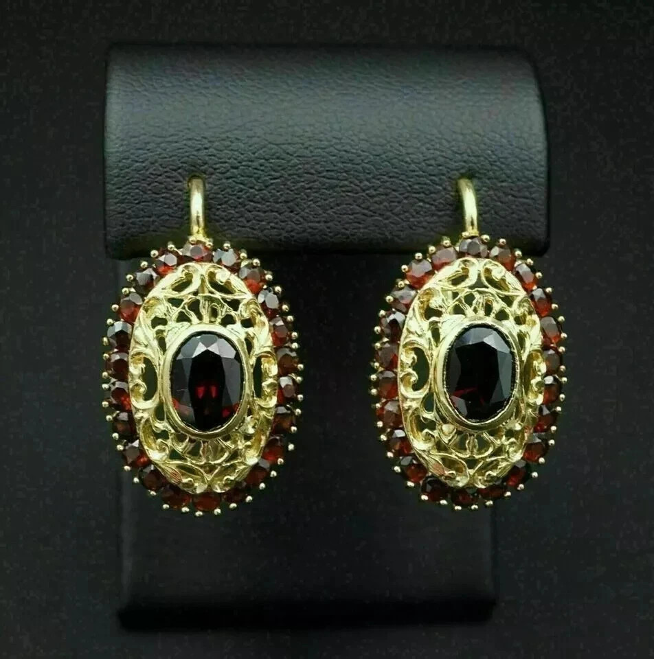 Art Deco Style Garnet & Lab Created Diamond 14K Yellow Gold FN Wedding Earring