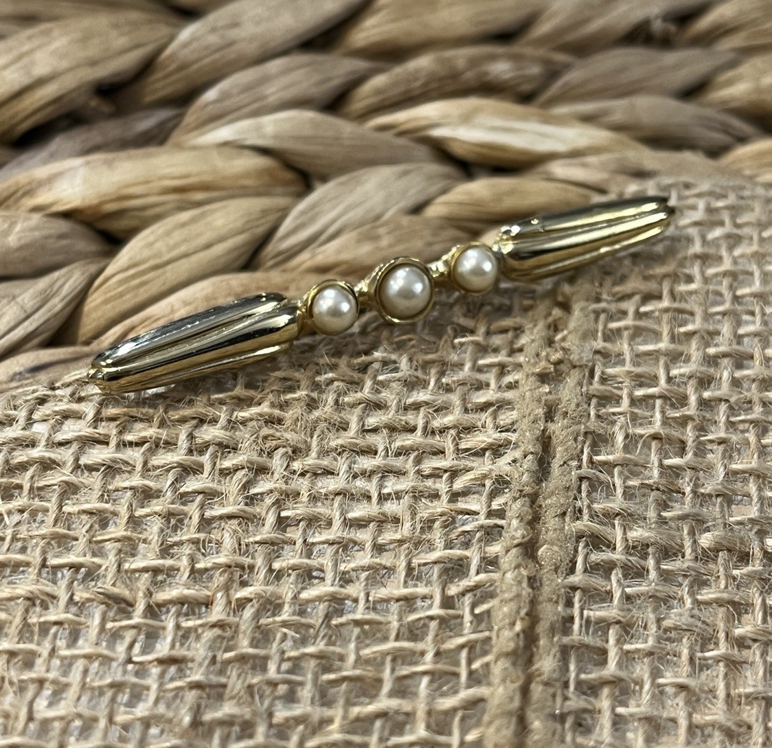 Victorian Revival Bar Pin Gold Tone Faux Pearl Brooch Vintage Costume Jewelry