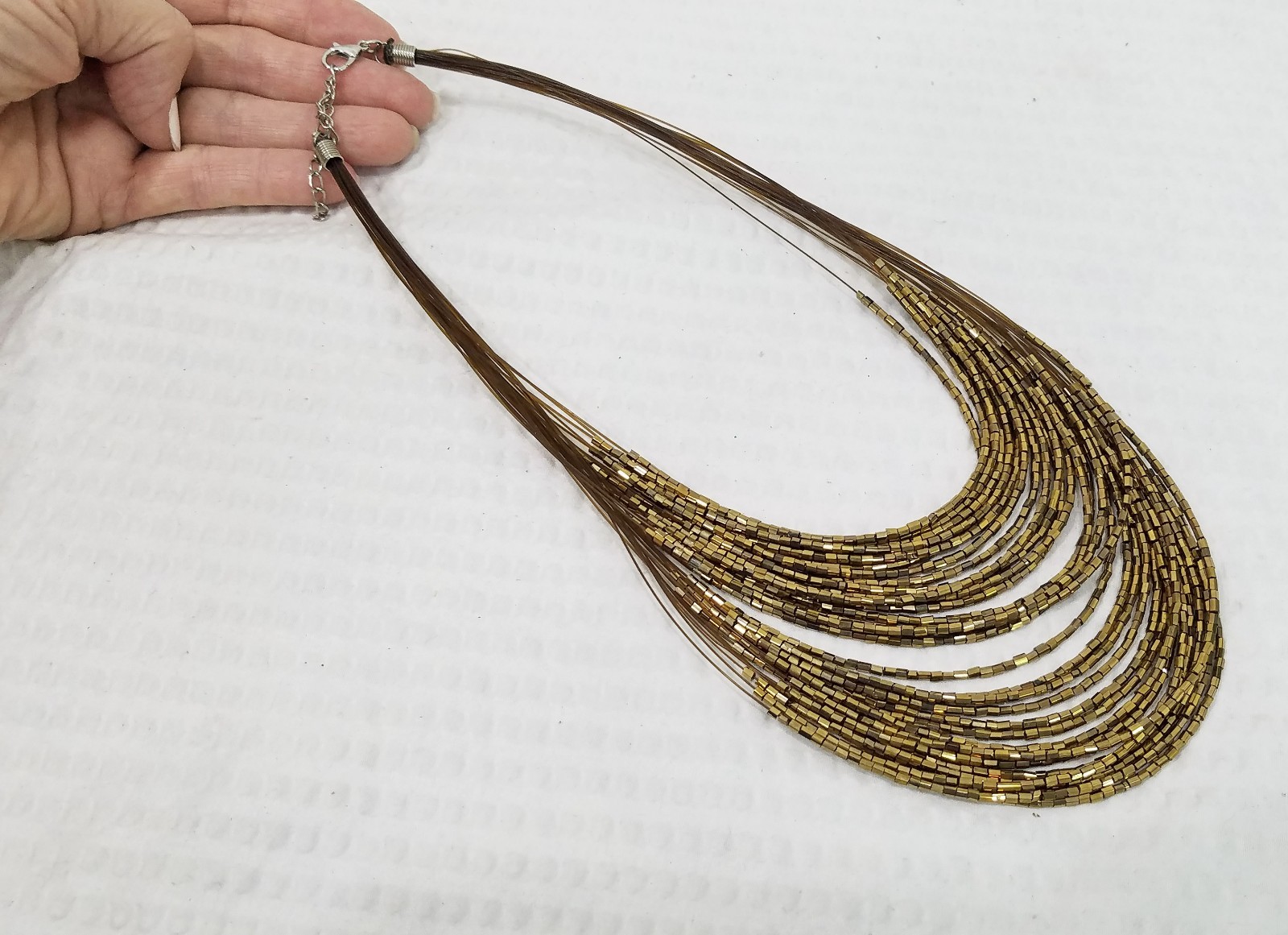 Vintage Gold Bronze Bugle Bead Cascading Multi Strand Illusion Choker Necklace