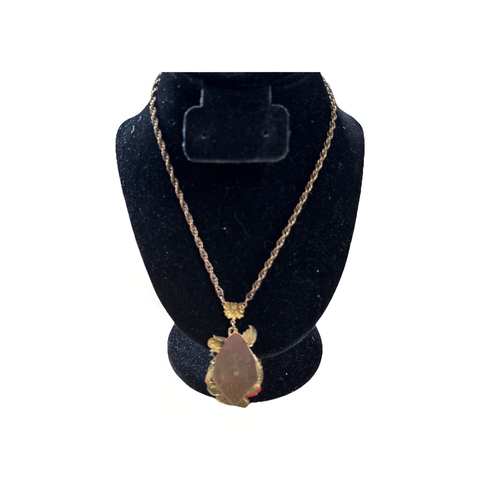 VTG SIGNED “R” CARVED FLOWER Necklace Bronze tone RHINESTONE