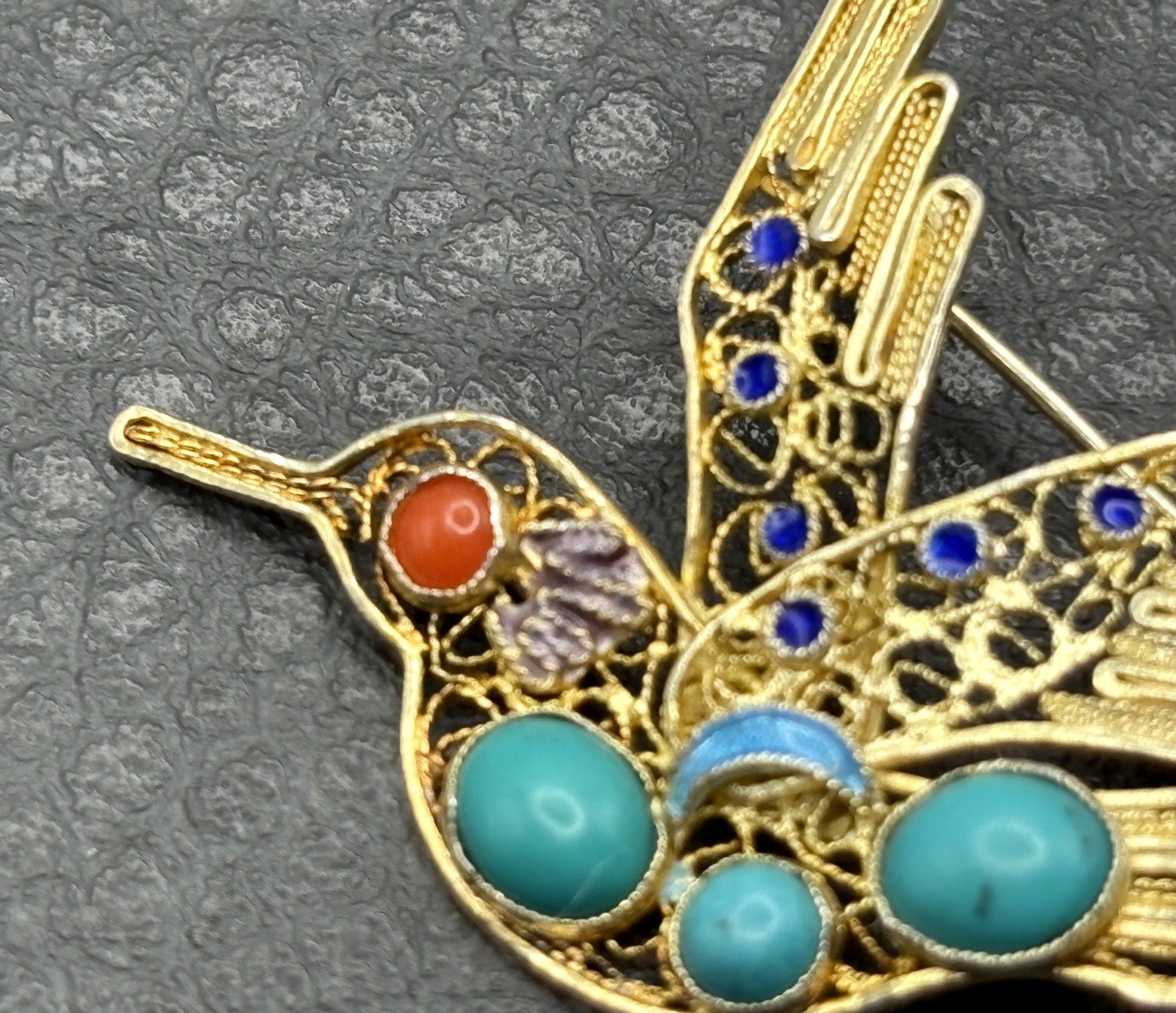VTG Hummingbird Brooch Vermeil 925 Sterling Silver Turquoise Coral Blue Enamel