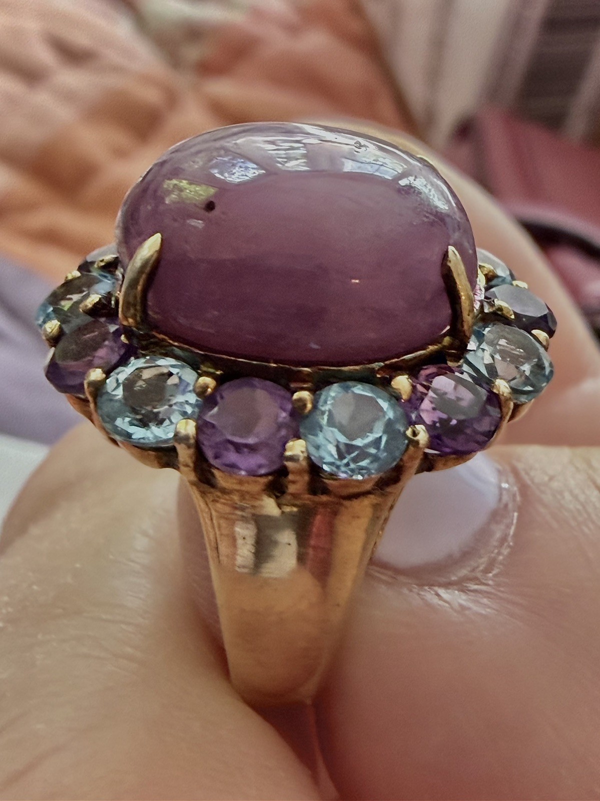 Hex Pink Sapphire Cabochon Ring. Topaz and Amethyst accents