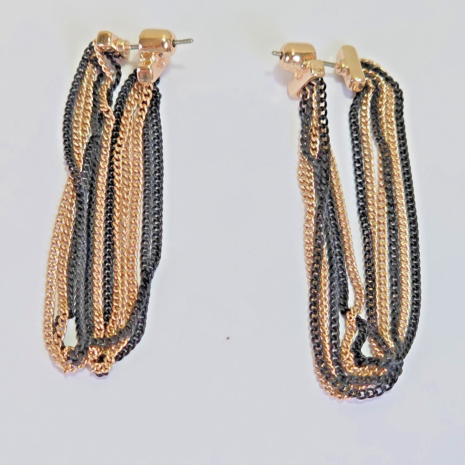 Black Gold Tone Multi Strand Tassel Necklace Bracelet Hoop Earrings Jewelry Set