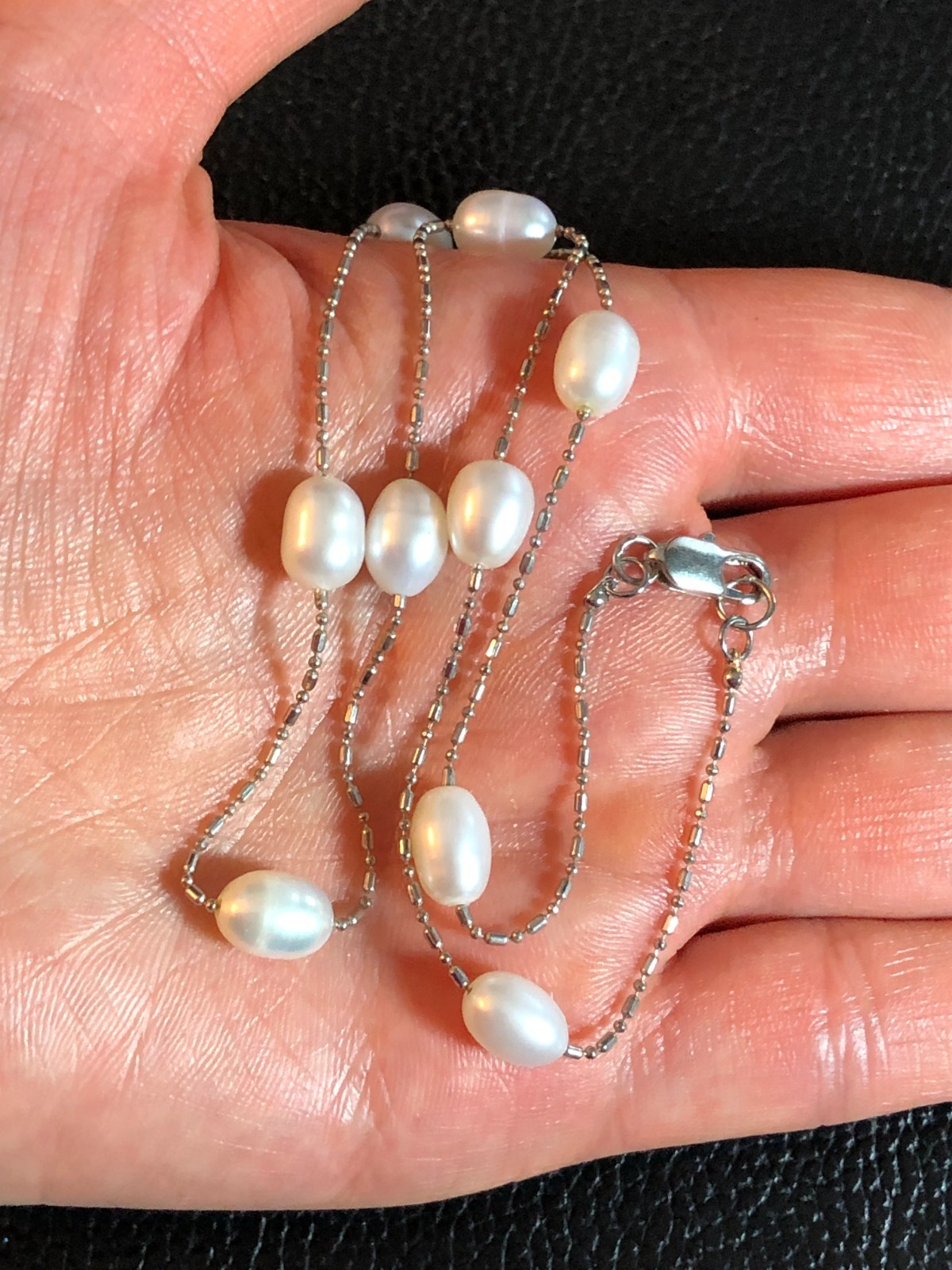 Silver White Cultured Pearl Station Chain Necklace Real Genuine Baroque 17+” P29