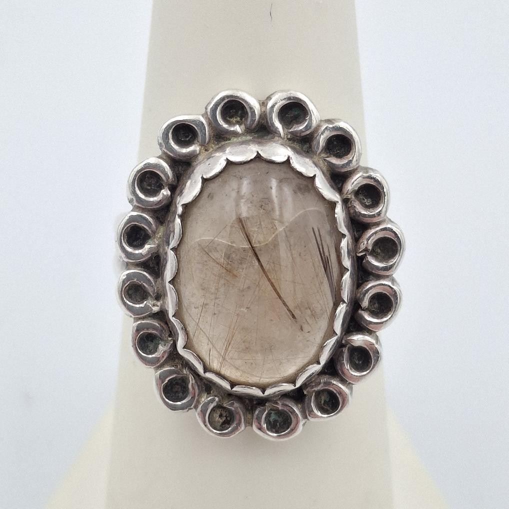 Vintage 925 Sterling Silver Oval Cabochon Rutilated Quartz Cocktail Ring sz 6.5