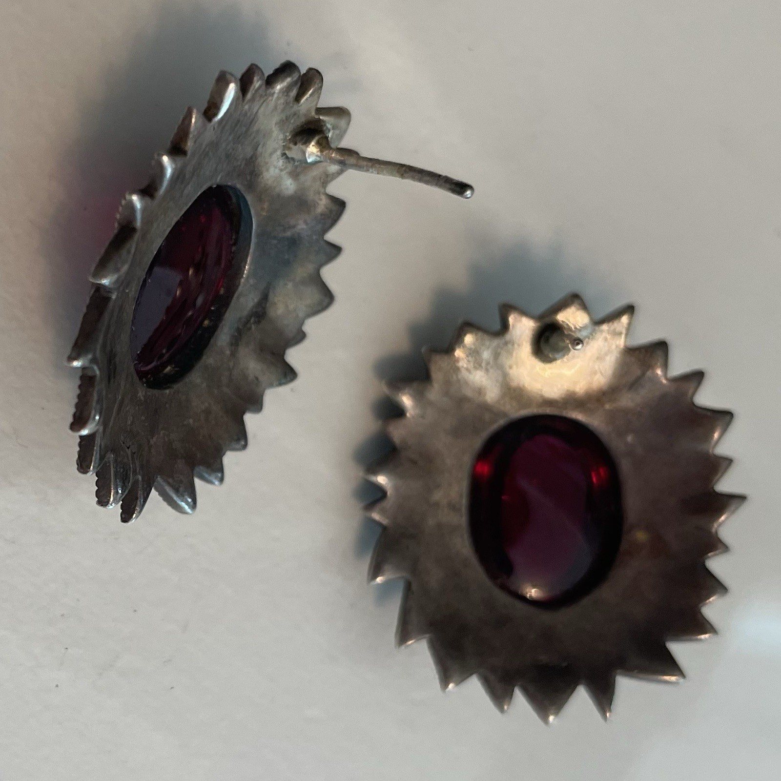 Vintage Ruby Red Cabochon Marcasite Style Statement Earrings Silver Tone ArtDeco