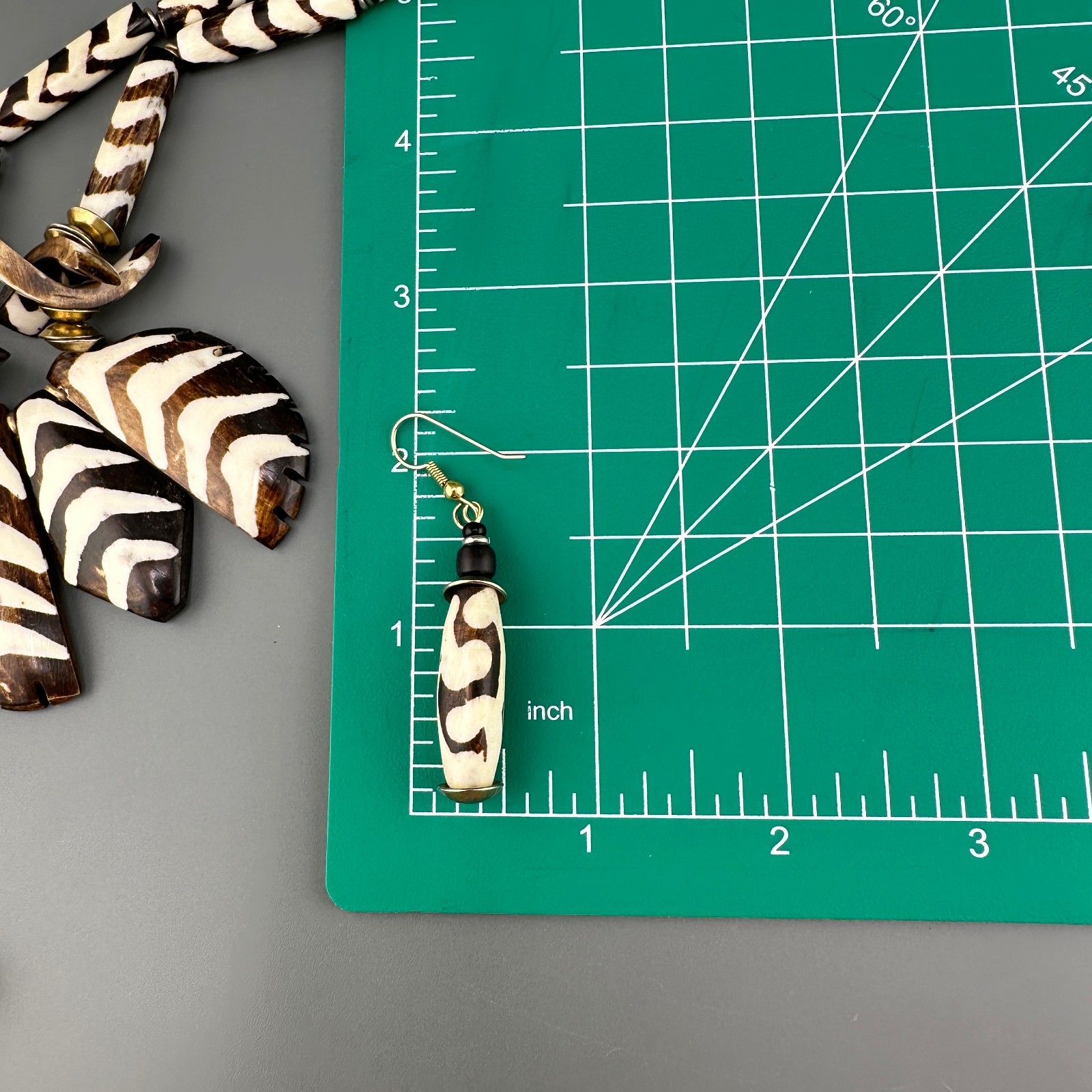Vintage African Tribal Necklace Earrings Set Batik Bone Brown Cream Bovine Boho