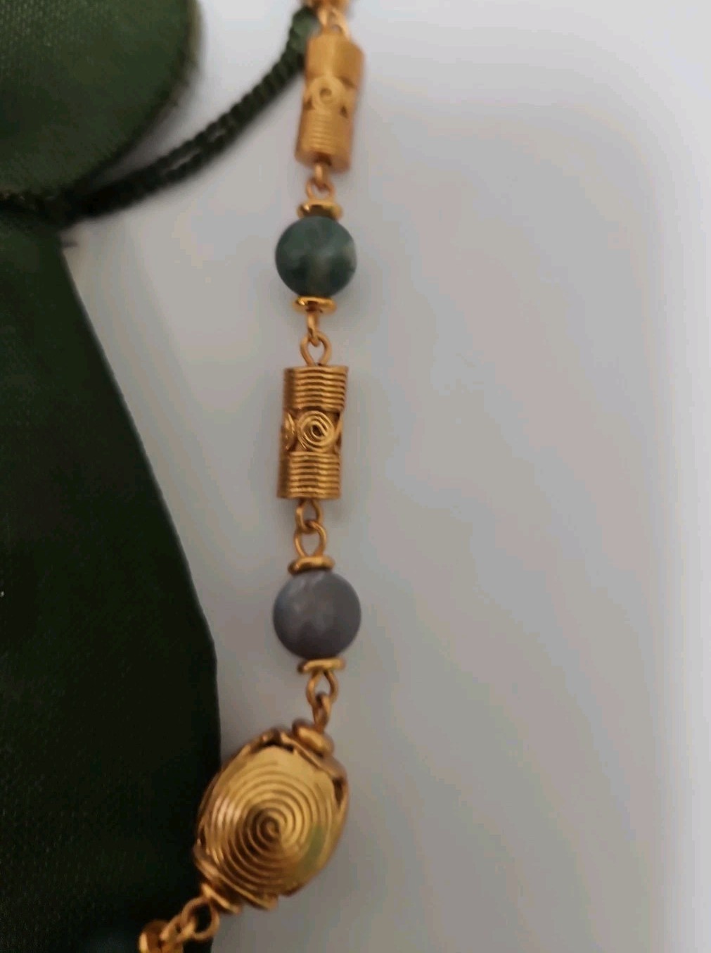 Gold Plated 24k PreColumbian Inca Pendant Necklace & Drop Earrings Set Faux Jade